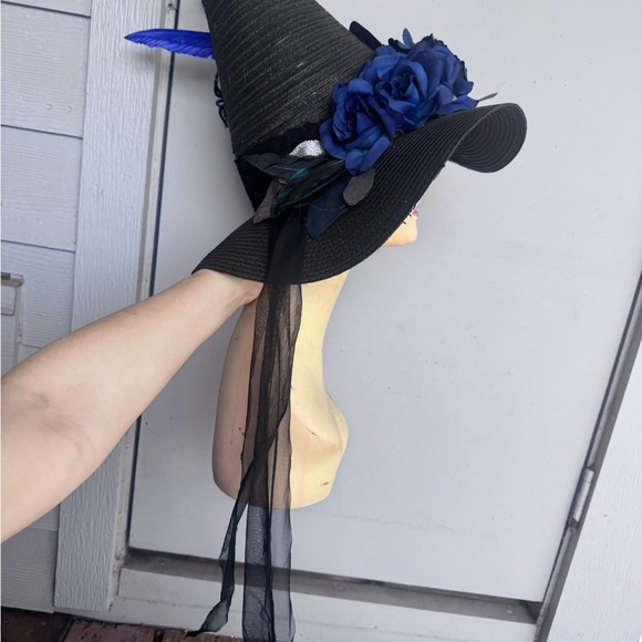 Custom Handmade Black Witch Hat with Blue Floral & Feather Trim
